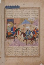 Abu'l Mihjan and Sa'd ibn Abi Wakkas Become Angry and Leave King Khusrau (?), Folio from a Khavarannama (The Book of the East) of ibn Husam al-Din, ca. 1476-86.