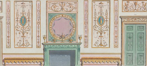 Interior Ornamented Wall with Doors and Fireplace, nos. 344-350 ("Designs for Various Ornaments," pl. 52), March 20, 1785.
