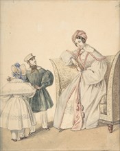 Fashion Drawing with a Woman Seated in a Chair with a Boy and Girl, 19th century.