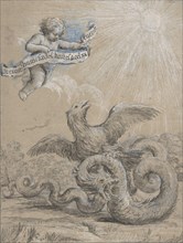 Design with an Eagle Fighting with a Serpent and a Putto in the Sky Holding an Inscribed Banner., 17th century.