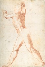 Standing Nude Man (recto); Three Studies of Soldiers (verso), 1550.