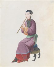 Watercolour of musician playing xiao, late 18th century.