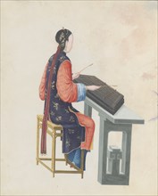 Watercolour of musician playing yangqin, late 18th century.