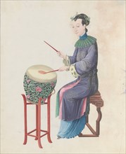 Watercolour of musician playing drum, late 18th century.