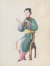 Watercolour of musician playing jiaoluo, late 18th century.