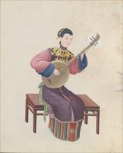 Watercolour of musician playing ruan(?), late 18th century.