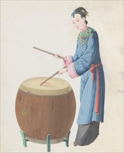 Watercolour of musician playing jingu, late 18th century.