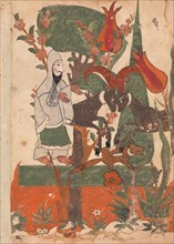 The Fox and the Battling Rams Observed by the Ascetic, Folio from a Kalila wa Dimna, 18th century.