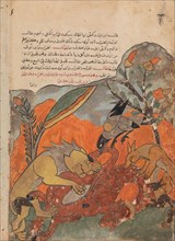 The Attack on the Camel by the Lion, Crow, Wolf, and Jackal, Folio from a Kalila wa Dimna, 18th century.