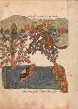 The Monkey Escapes to the Safety of the Fig Tree, Folio from a Kalila wa Dimna, 18th century.