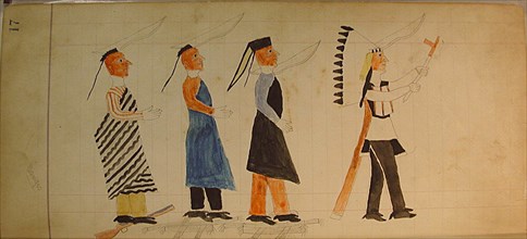 Maffet Ledger: Three indians following a chief, ca. 1874-81.