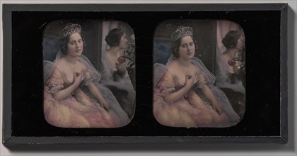 [Stereograph of a Woman Wearing a Tiara and Tulle and Lace Dress, Seated Before a Mirror], 1850s.