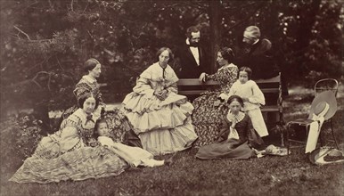 [Group Portrait of Four Women, Two Men and Three Children in a Garden], 1850s-60s.