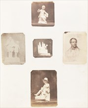 [Figurine of Young Boy Holding Apples; Cabinet Card of a Man; Figurine of a Young Child with a Hat; Sculpture of a Man with Child; Sculpture with Animal], 1853-56.