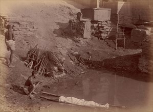 Cremation Ground at Manikarnika Ghat, Varanasi, India, 1860s-70s.