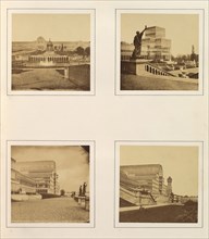 [Exterior View of Facade and Fountains; Exterior View of Side Pavilion; Exterior Side View of Central Transept; Exterior Side View of Central Trancept with Reclining Figure in Foreground], ca. 1859.