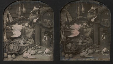 Stereograph Still-life of Fowl with Initialed Barrel and Root Vegetables, 1850s.