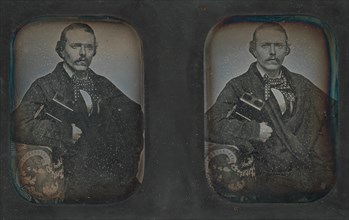 Stereoscopic Portrait of Man Holding Stereoscopic Viewer, 1840s-60s.