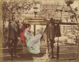 [Japanese Woman in a Chair Carried by Two Men], 1870s.