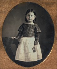 Young Girl Wearing Waist Apron, Resting Hand on Chair, 1840s-50s.