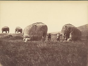 Two Men by Monumental Elephant Statues, China, 1860s-70s.