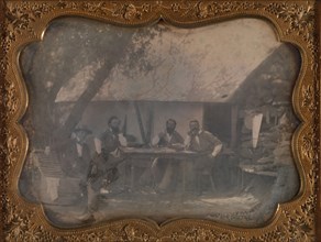 Four Gold Miners Seated in Front of Their House, ca. 1852.