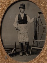 Carpenter with Ladder, Hammer, Level, and Toolbox, 1860s-70s.