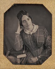Young Woman with Elbow Resting on Small Pile of Books and Head on Hand, 1840s.