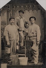 Three Painters, Arranged On and Around a Ladder, with Brushes, Bucket, and Paint Can, 1870s-80s.