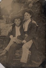 Two Young Men in Straw Hats, One Seated in the Other's Lap, 1870s-80s.