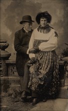 Two Men, One Dressed in Women's Attire, Holding Hands, 1870s-80s.