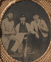 [Three Carpenters, Standing, Holding a Ruler, Hammer, and Sheet of Paper], 1850s-60s.