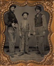 Two Men and a Boy with Outside Calipers, Backsaw, Square, and Frame Saw, 1860s.