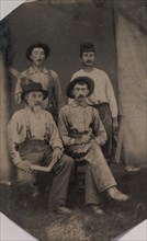 Four Workmen Holding Different Tools: Square, Hatchet, Wood Plane, and Trowel, 1860s-70s.