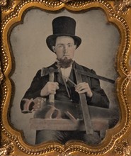 Carpenter in Top Hat with Hatchet, Compass, Square, and Hand Saw, 1850s-60s.