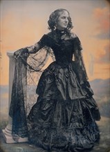 Woman in Black Taffeta Dress and Lace Shawl, ca. 1850.