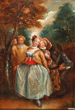 A Commedia dell'Arte scene with Columbina, Harlequin and Pierrot. Creator: Quillard, Pierre-Antoine (1701-1733).
