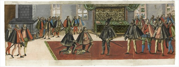 A knighting. From the "Ordentliche Beschreibung mit was stattlichen Ceremonien..., 1587. Creator: Boys (Waiss), Anton (1530/50-after 1593).