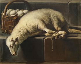 A ligated lamb besides a basket of eggs (Allegory of Easter), Second Half of the 17th cen.. Creator: Recco, Giovan Battista (1615-1660).
