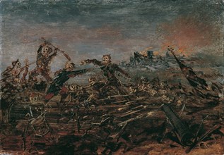 Dance of death on the battlefield in front of burning ruins, 1882-1885. Creator: Romako, Anton (1832-1889).