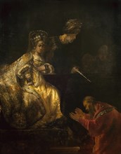 Haman Begging the Mercy of Esther, 1660s. Creator: Rembrandt van Rhijn (1606-1669).