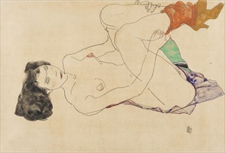 Lying female nude with legs drawn up, 1913. Creator: Schiele, Egon (1890-1918).