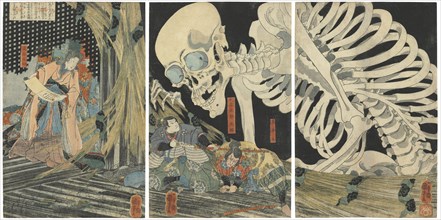 Oyataro Mitsukuni Defying the Skeleton Spectre Conjured up by Princess Takiyasha, 1844-1845. Creator: Kuniyoshi, Utagawa (1797-1861).