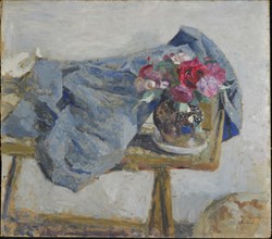 Roses rouges et étoffes sur une table, 1900-1901. Creator: Vuillard, Édouard (1868-1940).
