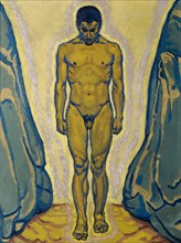 Standing male nude between rocks, c. 1915. Creator: Moser, Koloman (1868-1918).