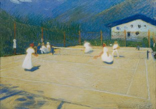 Tennis court at Gossensass, 1908. Creator: Graf, Ludwig Ferdinand (1868-1932).