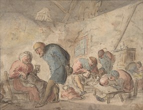 Peasants Drinking, verso: sketches of peasants, 1610-85. Creator: Attributed to Adriaen van Ostade.