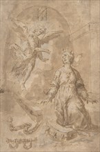 An Angel Appearing to Saint Catherine of Alexandria in Prison (recto); Volute (verso), 17th cent. Creator: Anon.