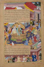 Tumanba Khan, His Wife, and His Nine Sons, Folio from a Chingiznama..., ca. 1596. Creators: Basawan, Bhim Gujarati.