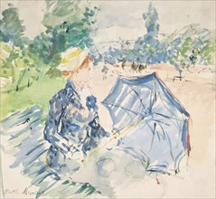 A Woman Seated at a Bench on the Avenue du Bois, 1885. Creator: Berthe Morisot.